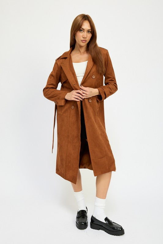 Emory Park Faux Suede Trench Coat in Camel Brown NWT