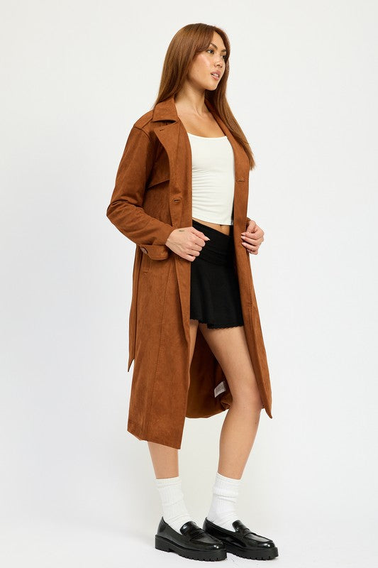 Emory Park Faux Suede Trench Coat in Camel Brown NWT