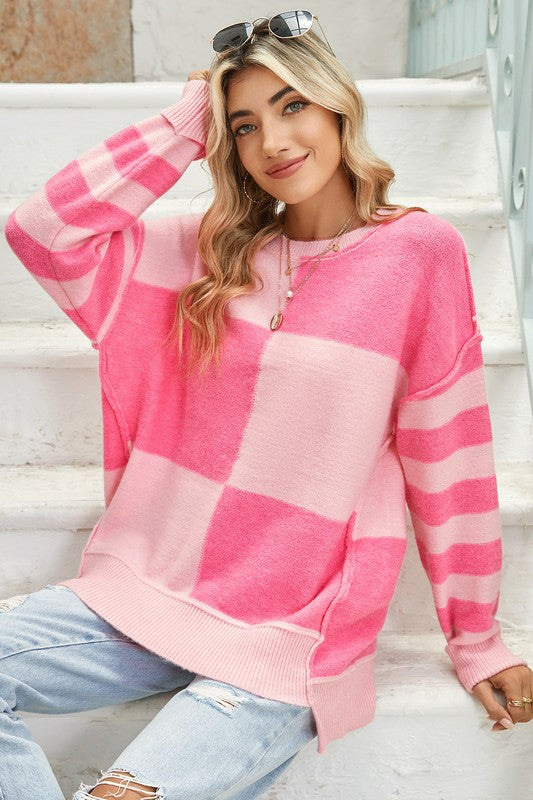 SHEWIN Checkered Color Block Striped High Low Hem Sweater in Pink NWT