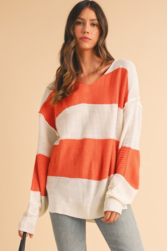 SHEWIN Colorblock Slit Hem Tunic V-Neck Sweater in Orange Multi NWT