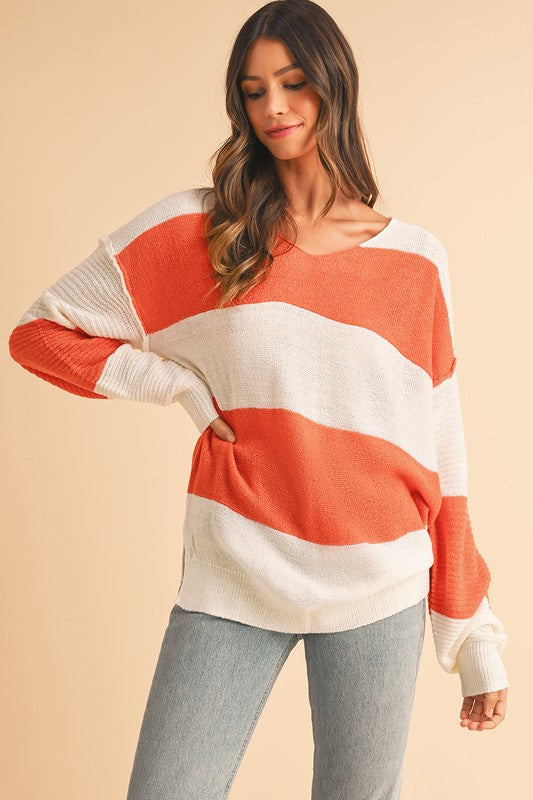 SHEWIN Colorblock Slit Hem Tunic V-Neck Sweater in Orange Multi NWT