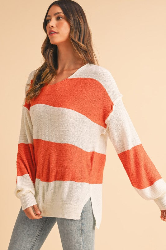 SHEWIN Colorblock Slit Hem Tunic V-Neck Sweater in Orange Multi NWT