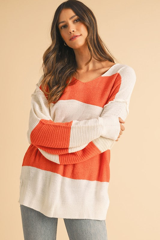 SHEWIN Colorblock Slit Hem Tunic V-Neck Sweater in Orange Multi NWT