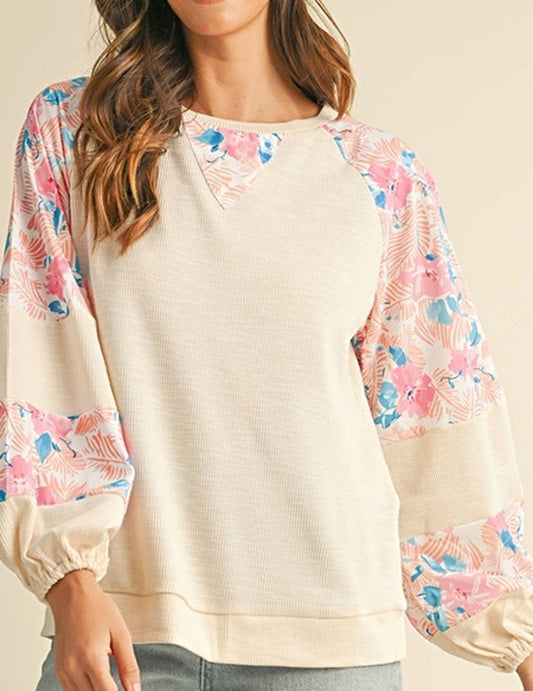 EG fashion Floral Patchwork Balloon Sleeve Round Neck Ribbed Top in 2 Colors