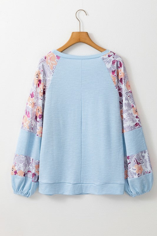 EG fashion Floral Patchwork Balloon Sleeve Round Neck Ribbed Top in 2 Colors