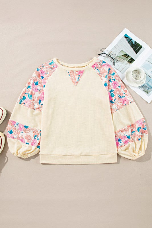 EG fashion Floral Patchwork Balloon Sleeve Round Neck Ribbed Top in 2 Colors