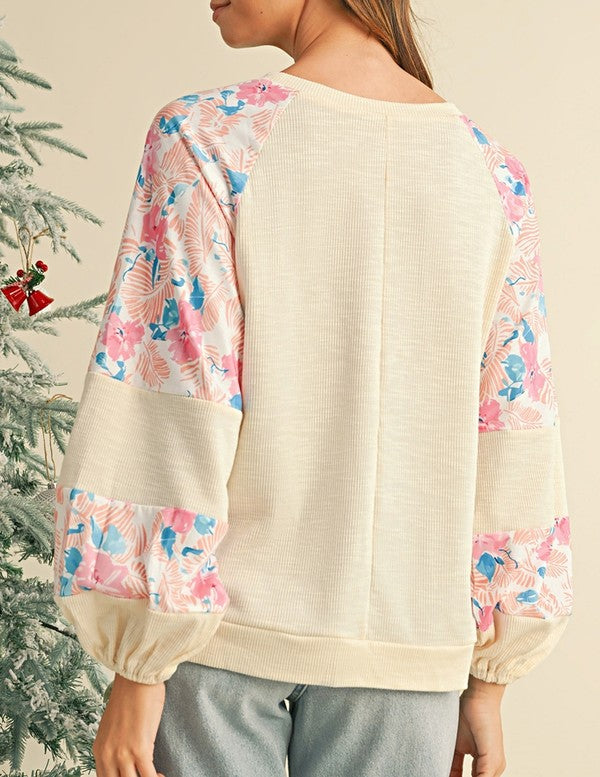 EG fashion Floral Patchwork Balloon Sleeve Round Neck Ribbed Top in 2 Colors