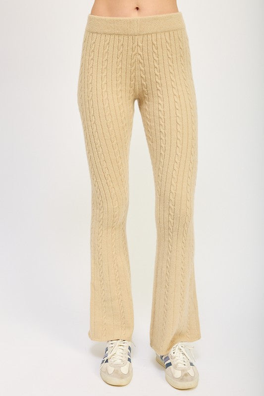 Emory Park Cable-Knit Flare Leg Pull-On Sweater Knit Pants in Tan NWT