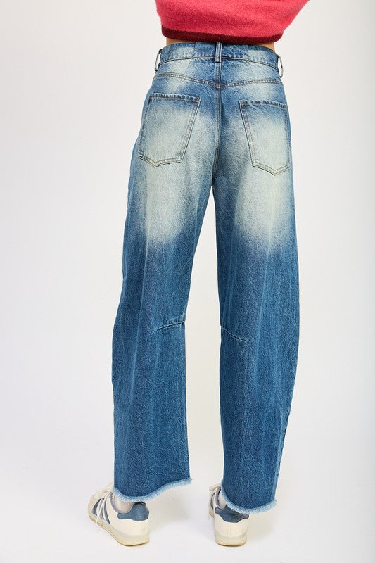 Emory Park Faded Detail Raw Hem Straight Leg Horseshoe Jeans in Medium Wash Blue NWT