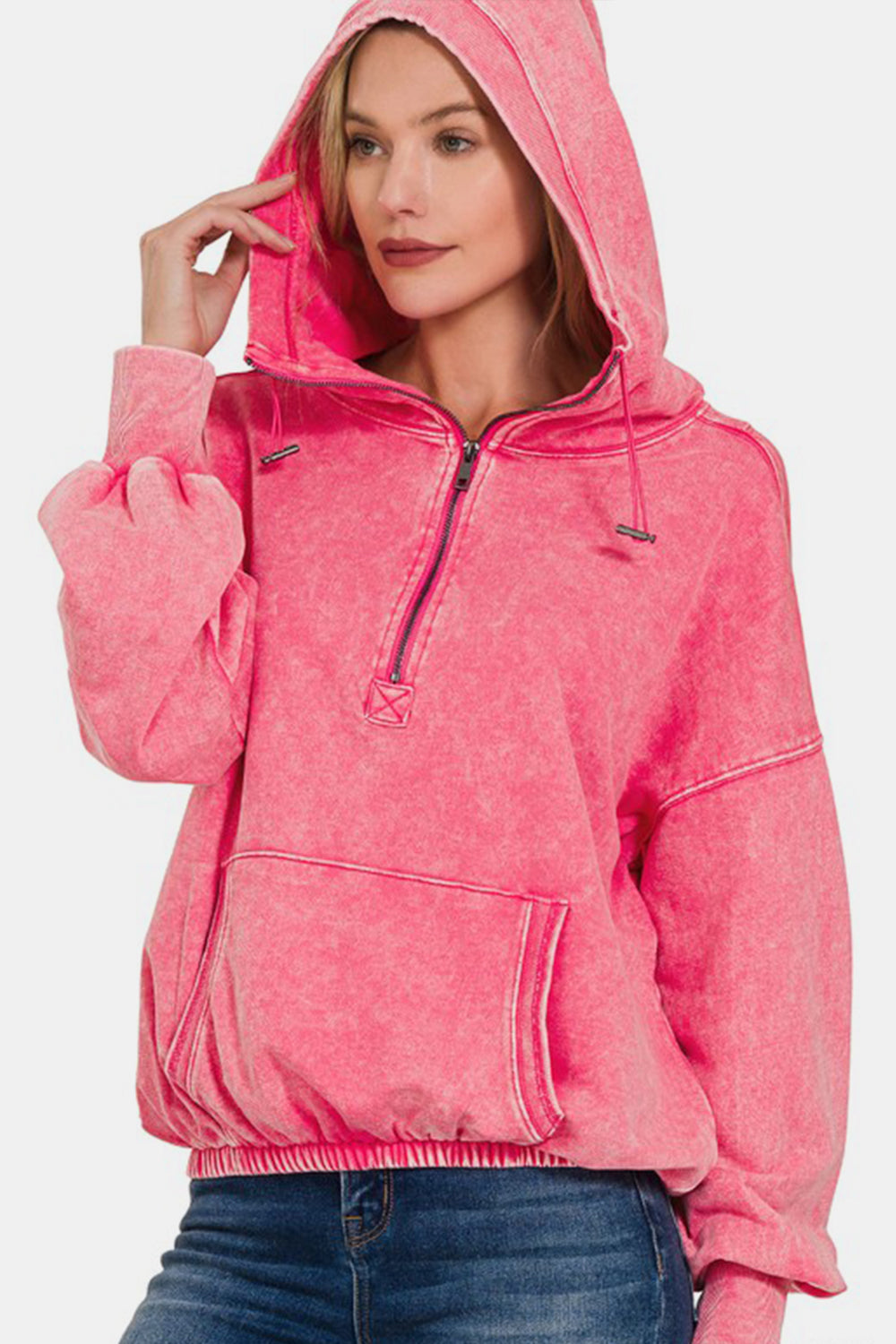 Zenana Half Zip Drawstring Hoodie in Washed Fuscia