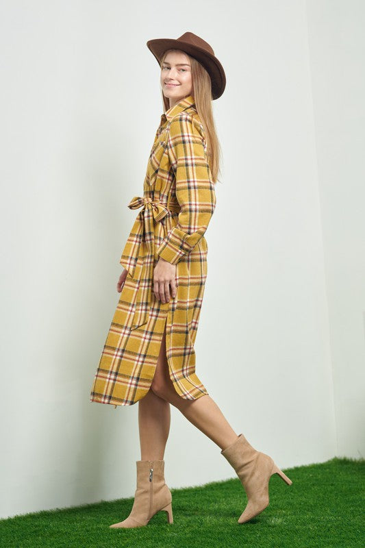 JADE BY JANE PLAID LONG SLEEVE BUTTON FRONT MIDI DRESS