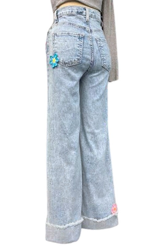 GJG Denim Crochet Patchwork Raw Hem Wide Leg Jeans in Light Vintage Wash Blue Multi NWT