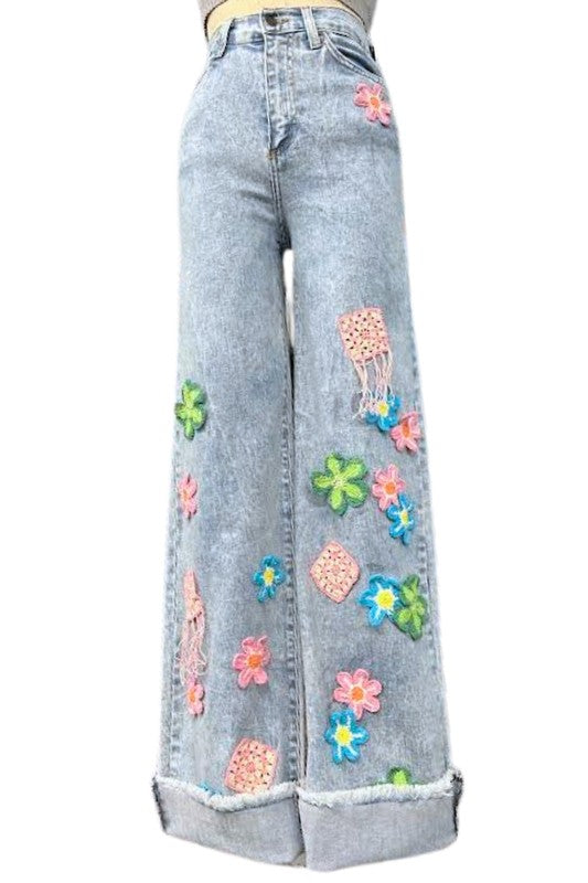 GJG Denim Crochet Patchwork Raw Hem Wide Leg Jeans in Light Vintage Wash Blue Multi NWT