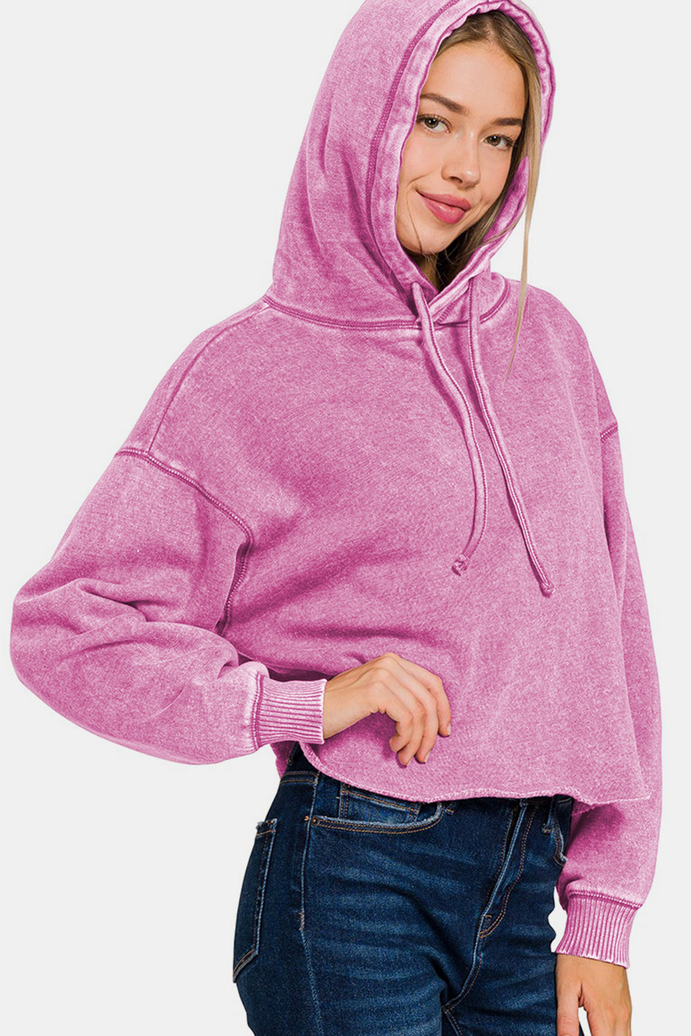 Zenana Acid Washed Fleece Cropped Drawstring Hoodie in Light Mauve Pink