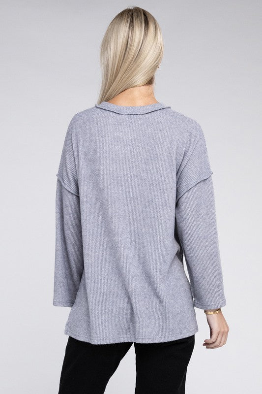 Zenana Slit Hem Bell Sleeve Ribbed Henley Sweater in 5 Colors