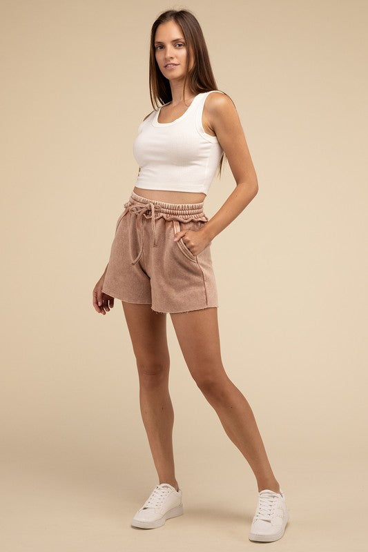 Zenana Acid Wash Fleece Drawstring Shorts with Pockets in Ash Mocha or Rust