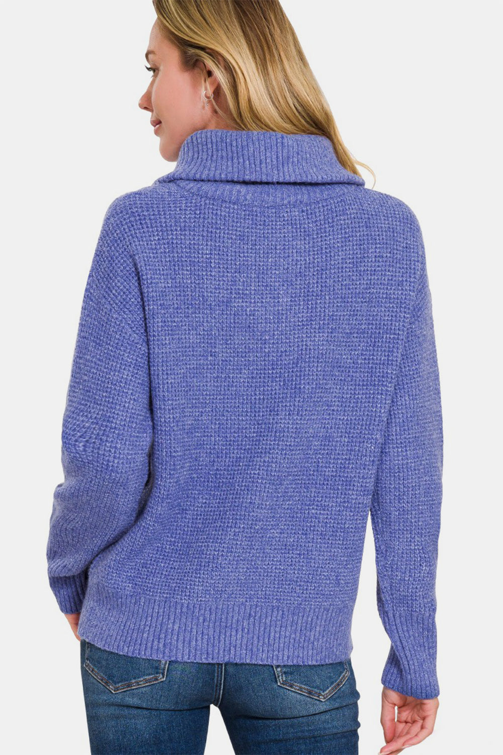 Zenana Half Zip Long Sleeve Waffle-Knit Sweater in Marlin Blue NWT