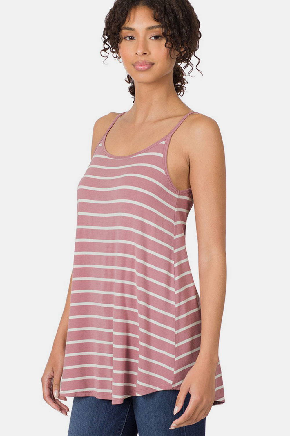 Zenana Double V-Neck Tunic Cami in Light Rose Stripe