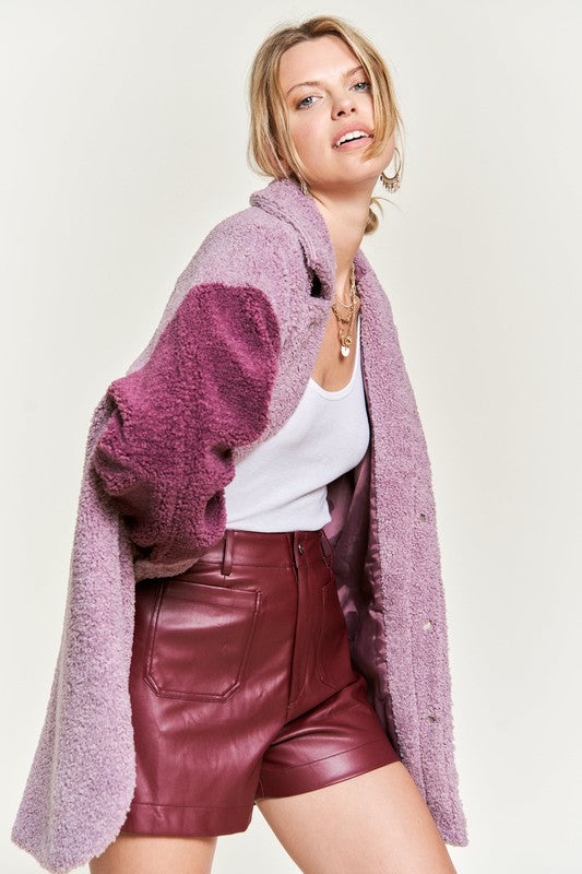 Jade By Jane Colorblock Sherpa Shirt Jacket in Berry or Taupe