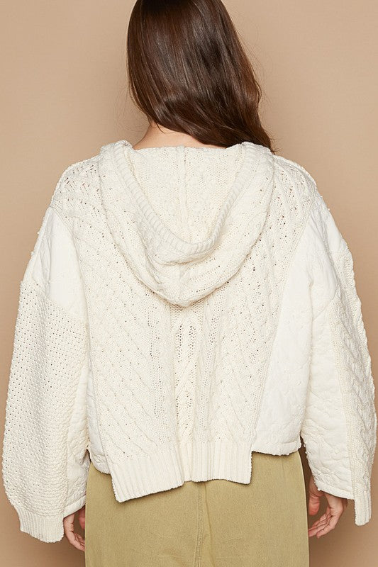 POL Hooded Cable-Knit Cropped Henley Sweater in Beige NWT