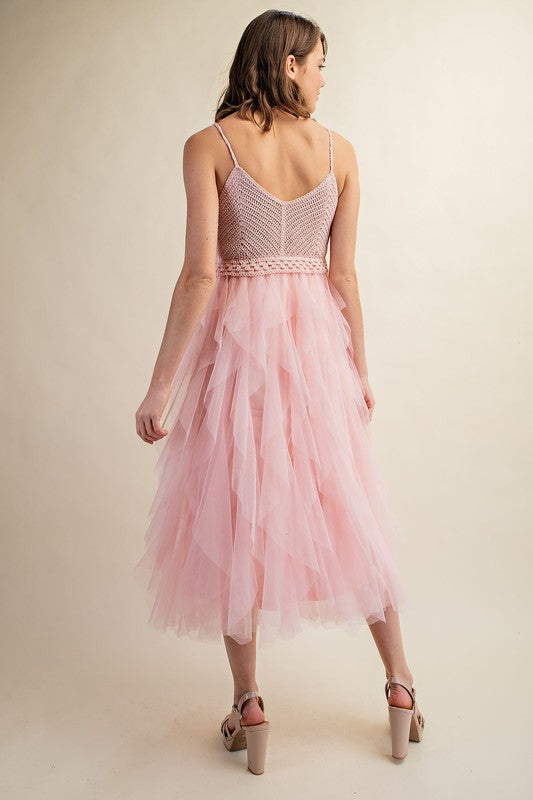 Sweet Generis Crocheted Tulle Cami Midi Dress in Pink or Black