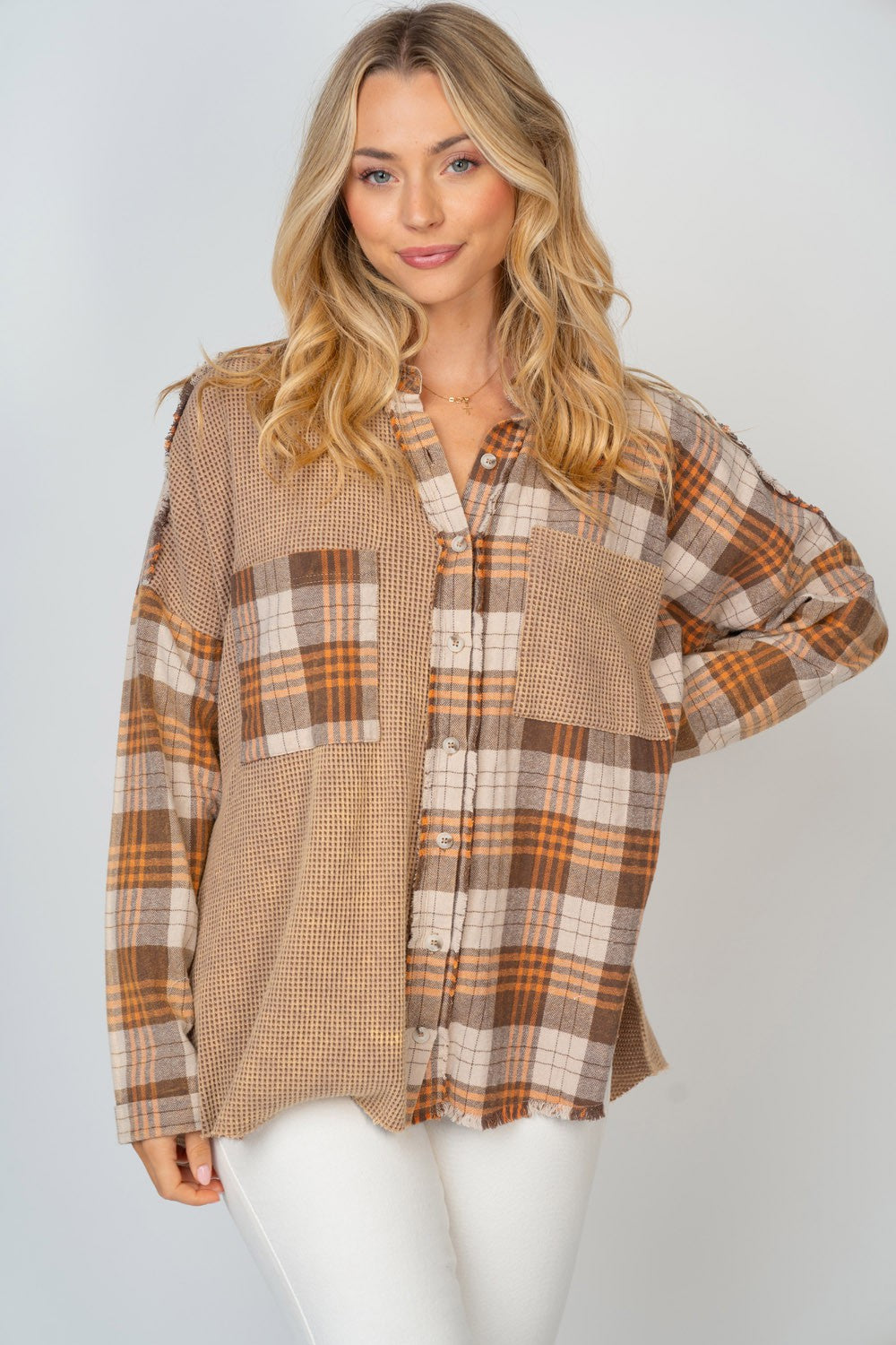 White Birch Plus Color Block Plaid Button-Down Shirt in Brown Multi NWT