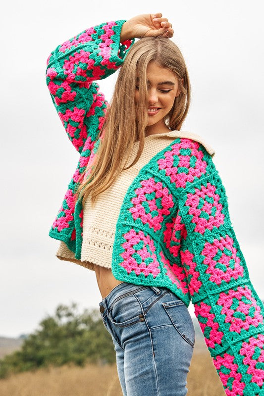 Davi & Dani Two-Tone Floral Square Crochet Open Knit Cropped Cardigan