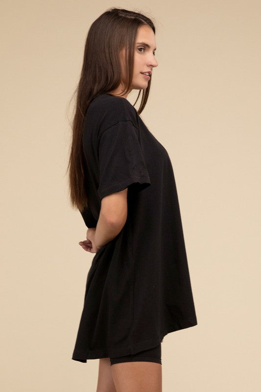 Zenana Oversized Cotton Raw Hem Tunic T-Shirt in Black or White