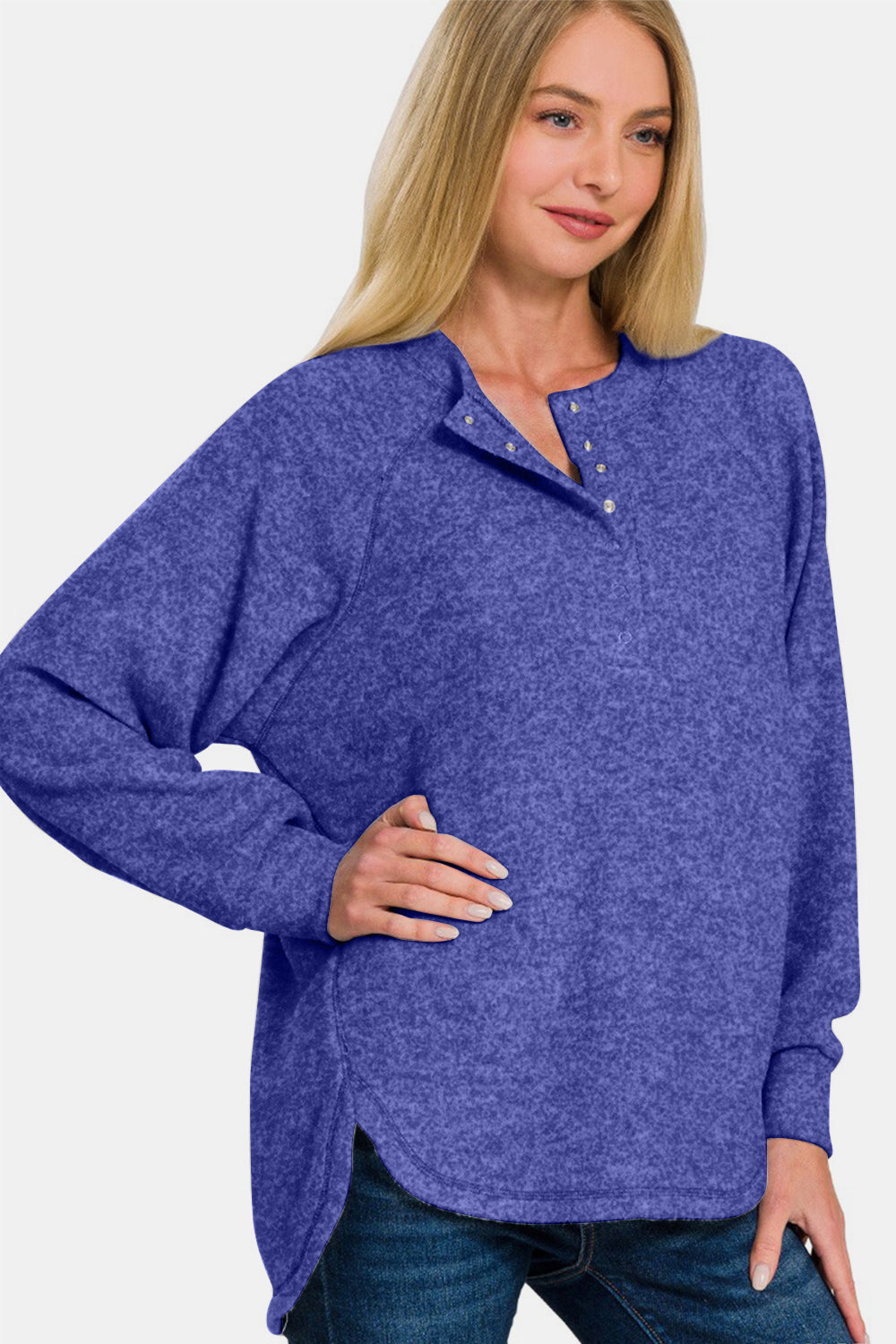 Zenana Brushed Melange Curved Hem Henley Sweater in Bright Blue