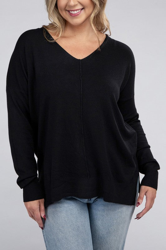 Zenana Plus Size Front Seam V-Neck Tunic Sweater