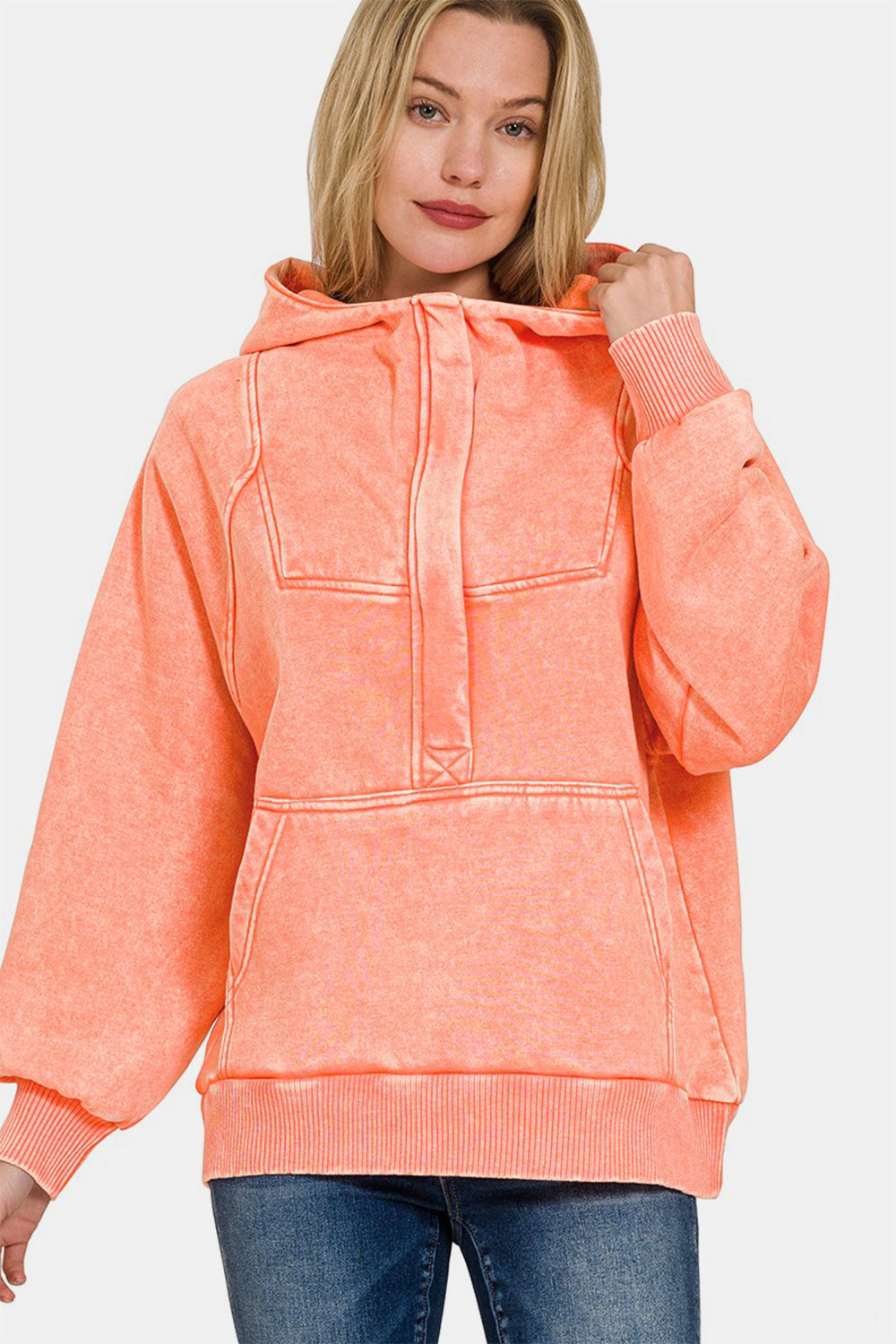 Zenana Acid Wash Half Zip Fleece Kanga Pocket Hoodie Sweatshirt in Coral