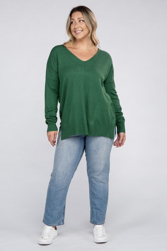 Zenana Plus Size Front Seam V-Neck Tunic Sweater