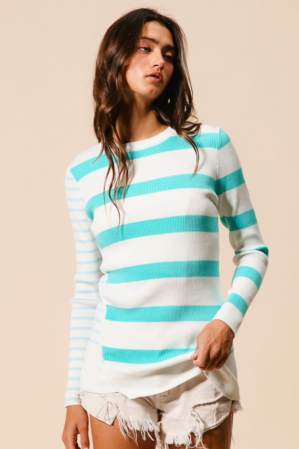 BiBi Contrast Striped Asymmetrical Hem Fitted Long Sleeve Knit Top in Mint/Ivory NWT