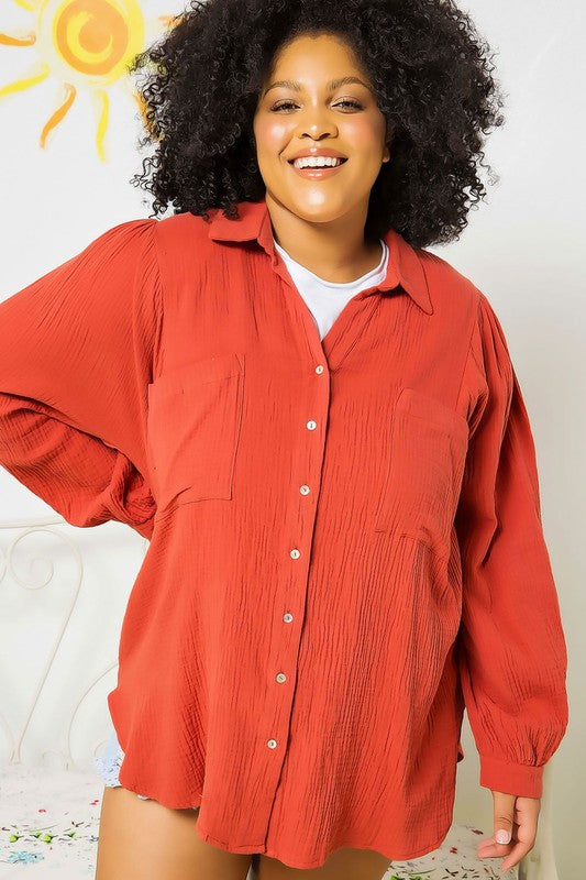 Sweet Generis Cotton Gauze Puff Sleeve Button-Down Shirt in 15 Colors