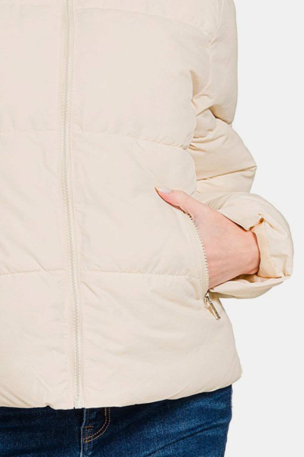 Zenana Stand Collar Zipper Front Quilted Puffer Jacket with Pockets in Cream NWT