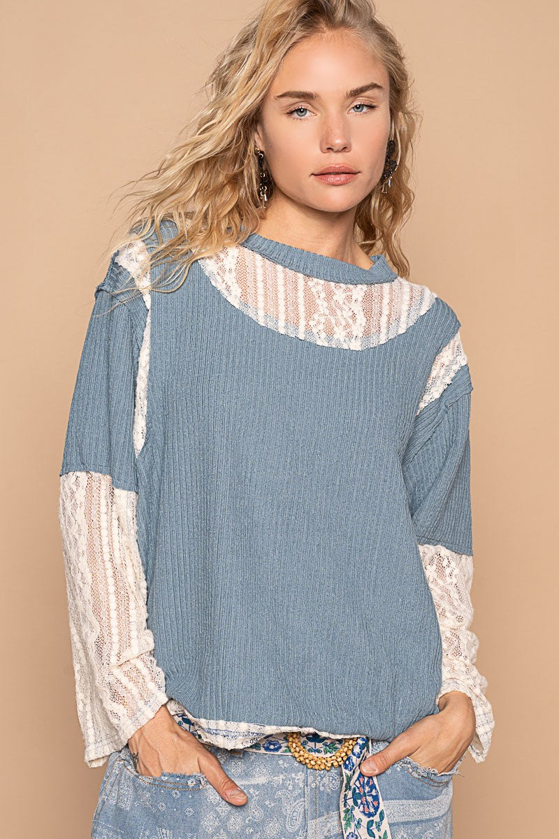 POL Lace Panel Round Neck Long Sleeve T-Shirt Top in Cornflower Blue