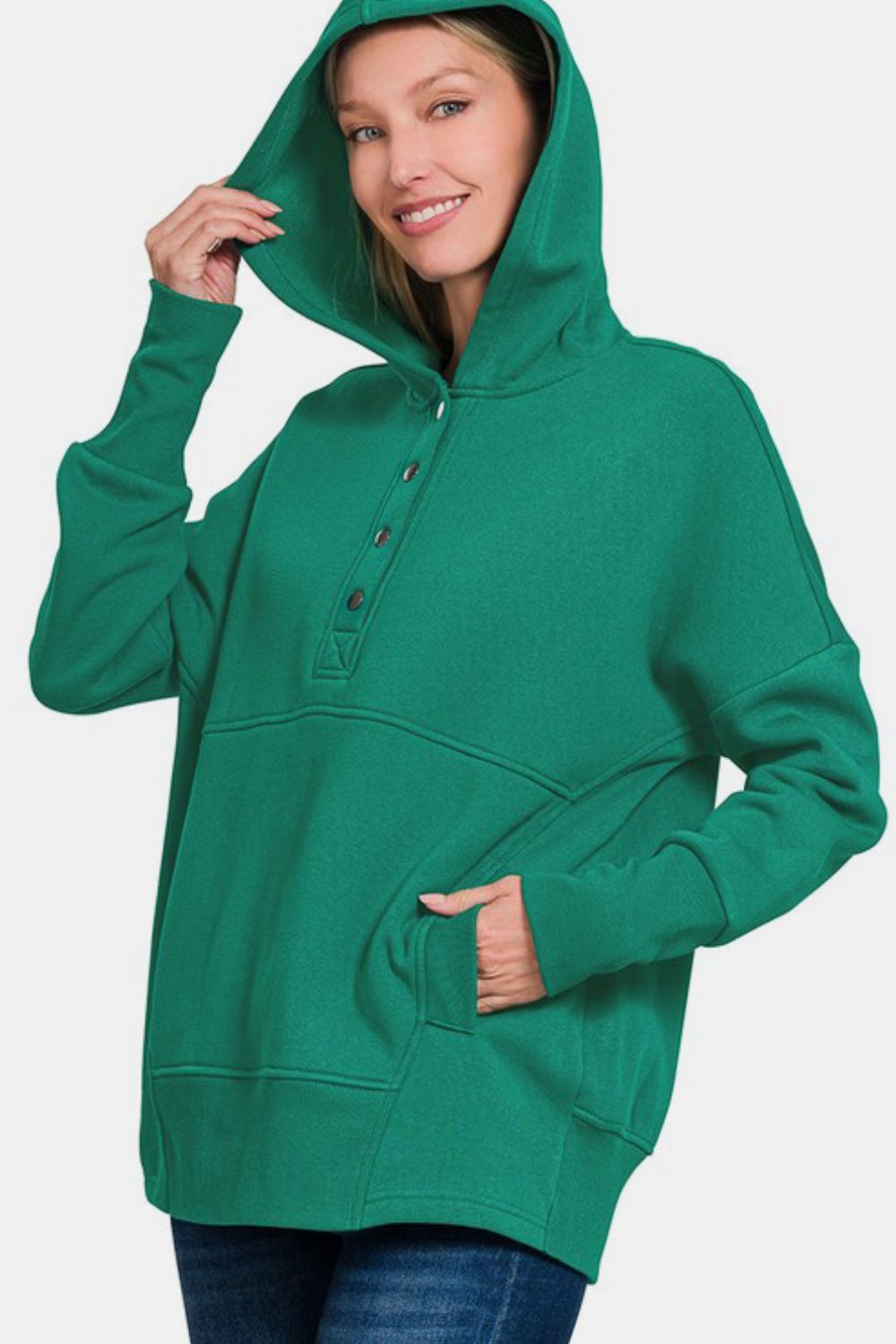 Zenana Half Snap Tunic Hoodie Sweatshirt with Kanga Pocket in Dark Green NWT