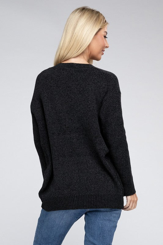 Zenana Melange Open Front Cardigan Sweater with Pockets in 4 Colors