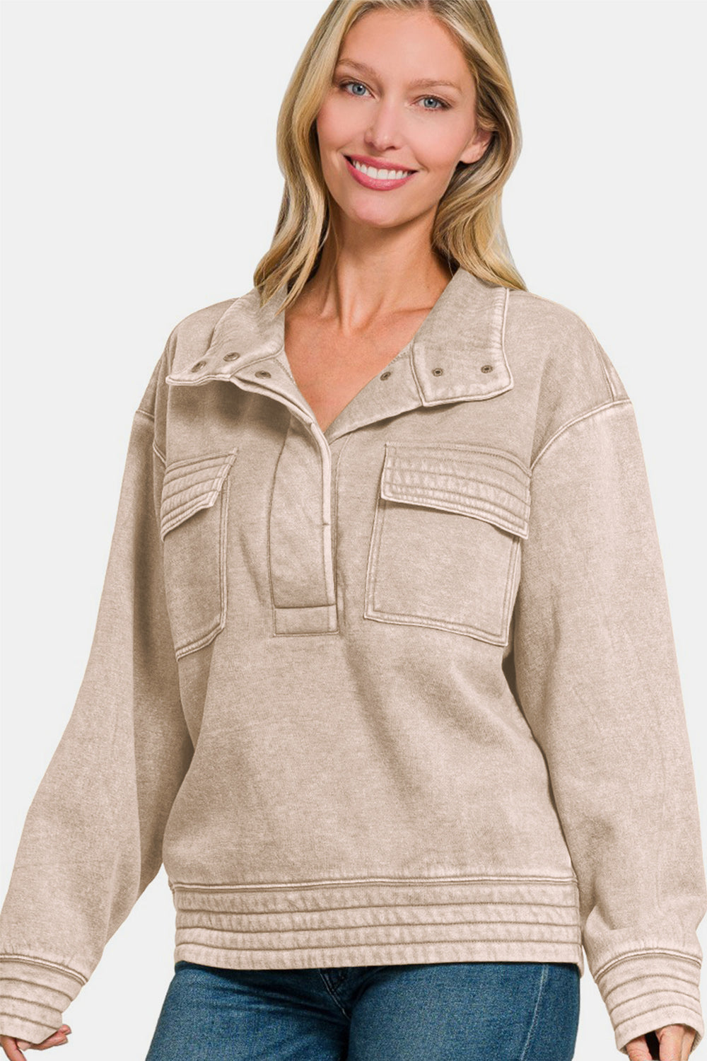 Zenana Acid Washed Chest Pockets Half Snap Fleece Sweatshirt in Ash Mocha NWT