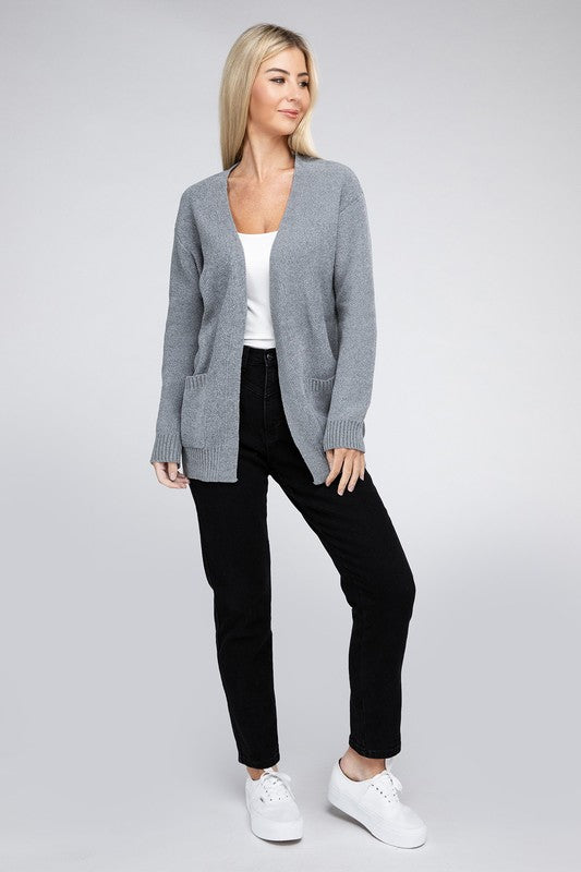 Zenana Melange Open Front Cardigan Sweater with Pockets in 4 Colors