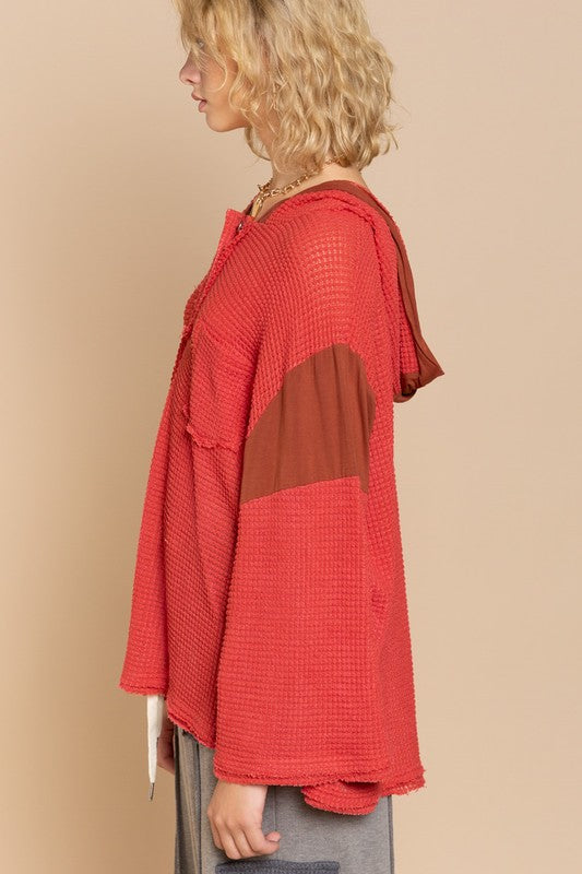 POL Oversized Hoodie Bell Sleeve Waffle-Knit Henley Tunic Top in Red or Black