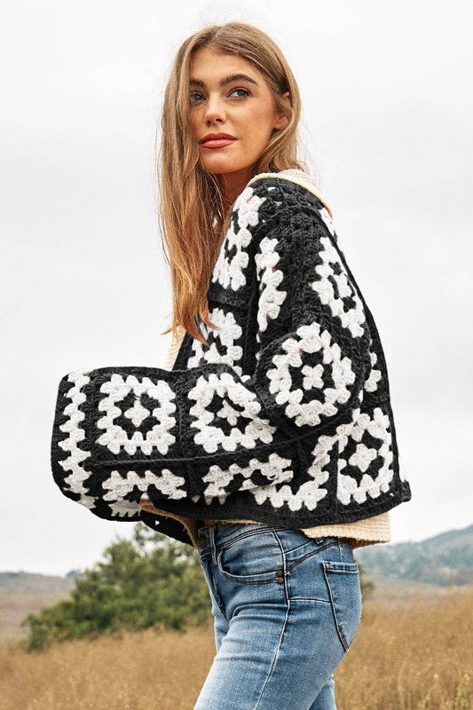 Davi & Dani Two-Tone Floral Square Crochet Open Knit Cropped Cardigan