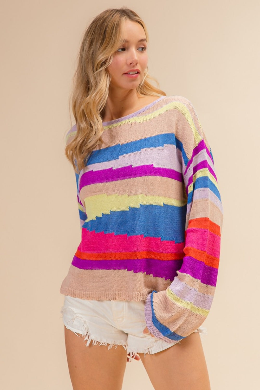 BiBi Geometric Striped Boatneck Sweater in Latte/Blue