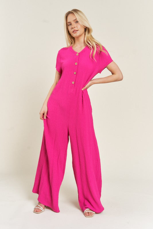 Jade by Jane Plus Wrinkle Cotton Gauze Wide Leg Jumpsuit in Black or Fuchsia