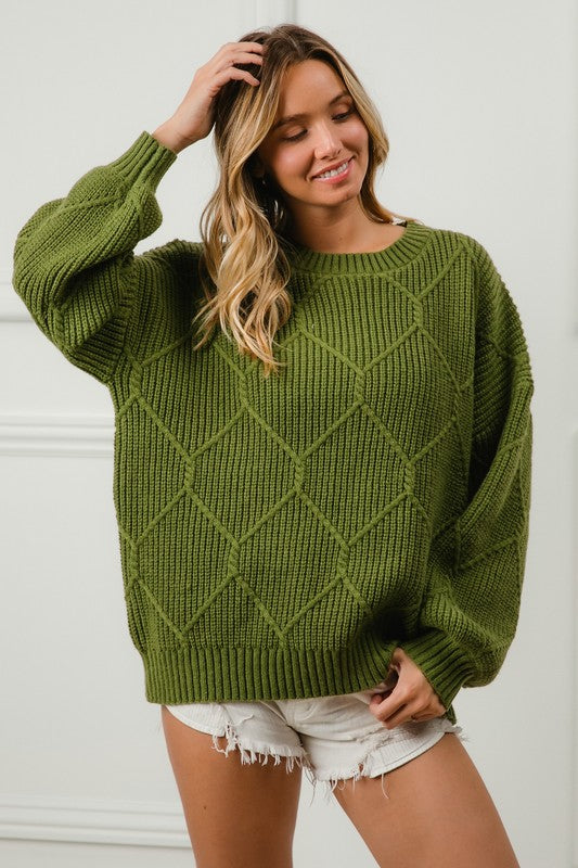 BiBi Diamond Texture Ribbed Long Sleeve Round Neck Sweater in Moss Green NWT