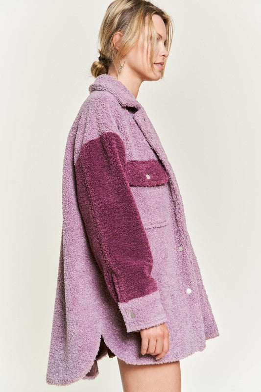 Jade By Jane Colorblock Sherpa Shirt Jacket in Berry or Taupe