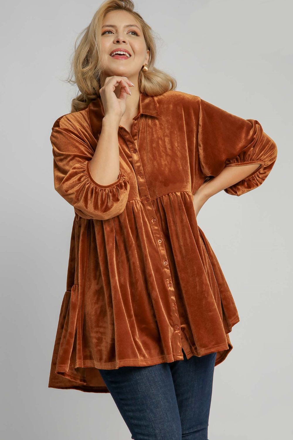 Umgee Full Size Tiered Velvet High Low Hem Tunic Button-Down Shirt in Terracotta Brown