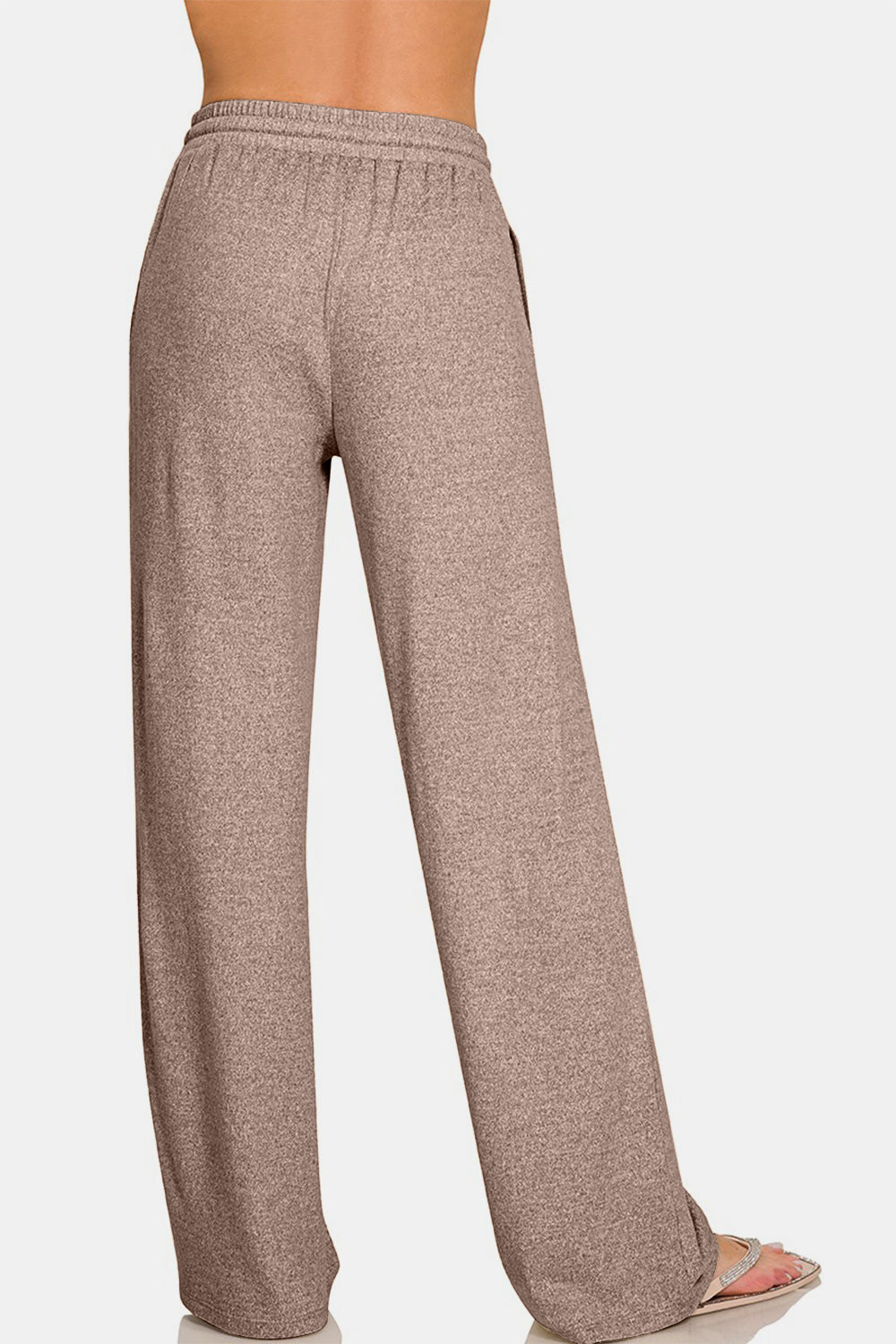 Zenana Drawstring Wide Leg Sweatpants with Side Pockets in Heather Brown