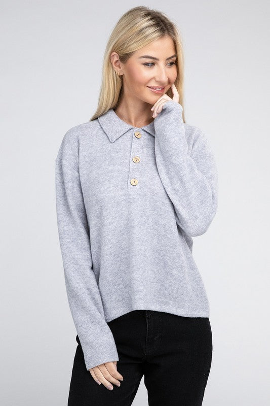 Zenana Brushed Melange Button Front Collared V-Neck Sweater in 5 Colors