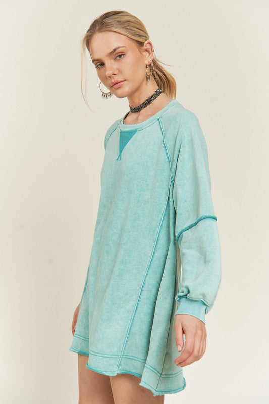 Jade by Jane Color Washed Raw Flare Hem Tunic Sweatshirt in Teal and Pink